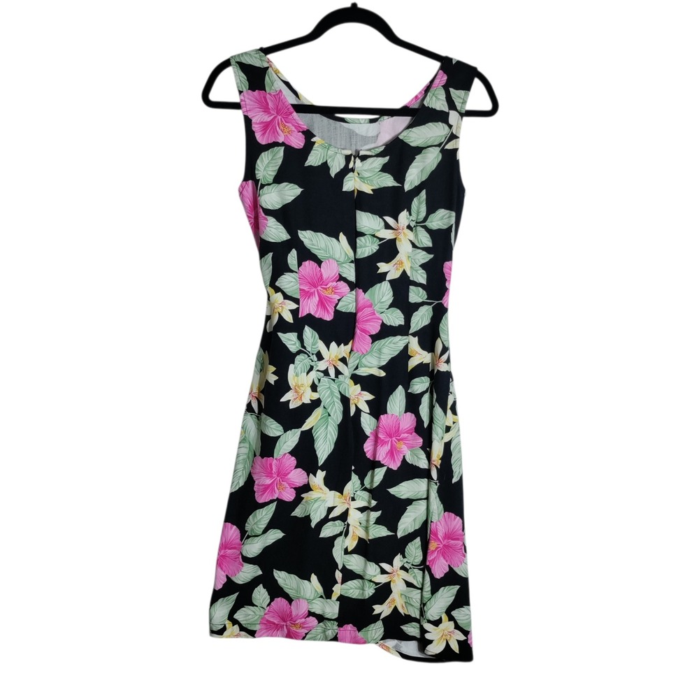 La Cabana Women Small Black Tropical Hibiscus Floral Rayon Faux Wrap Mini Dress